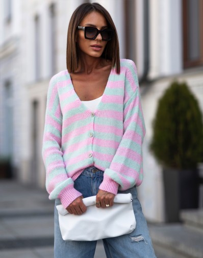 Sweterek w Paski Miętowy Dekolt V