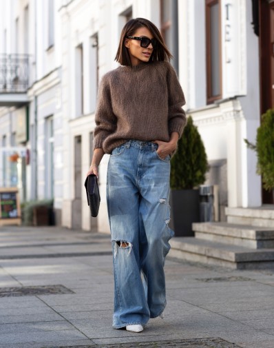 Klasyczny Sweter bez zapięć Moher Ciemny Beż