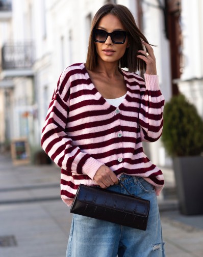 Sweterek w Paski Różowo Bordowy dekolt V