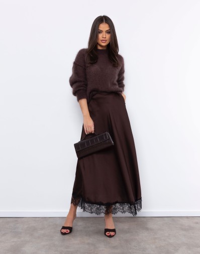 Spódnica Lori Satynowa z Koronką Czekoladowa