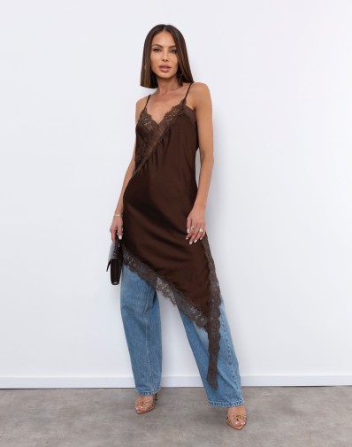 Satynowo Koronkowa Sukienka Alessa na Cienkich ramiączkach Brąz
