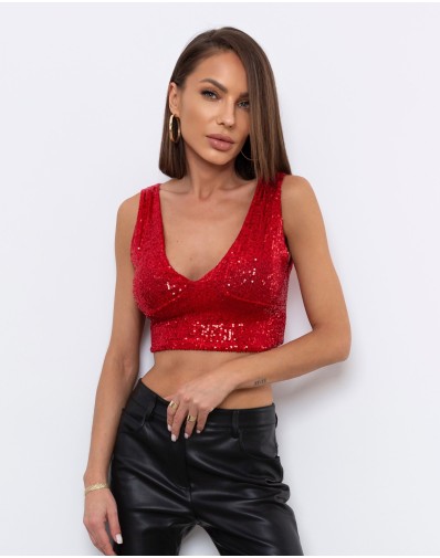 Top z Cekinami na Grubych Ramiączkach Czerwony