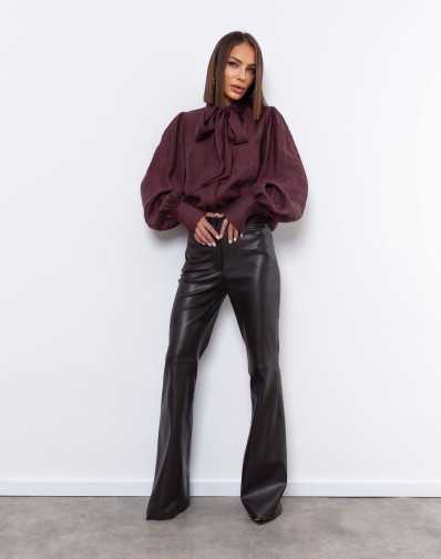 Spodnie Mora Eko Skóra Rozszerzane Czekoladowe