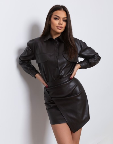 Komplet Carina z Podwijaną Spódnicą Eko Skóra Czekolada