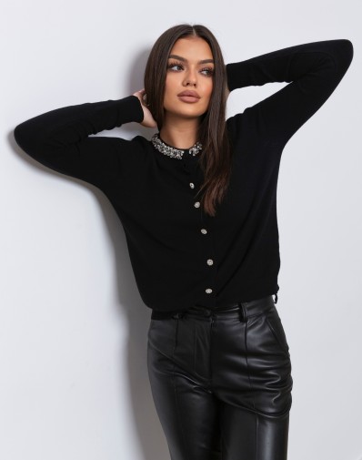 Sweter Zapinany z Ozdobnymi Kryształkami Czarny