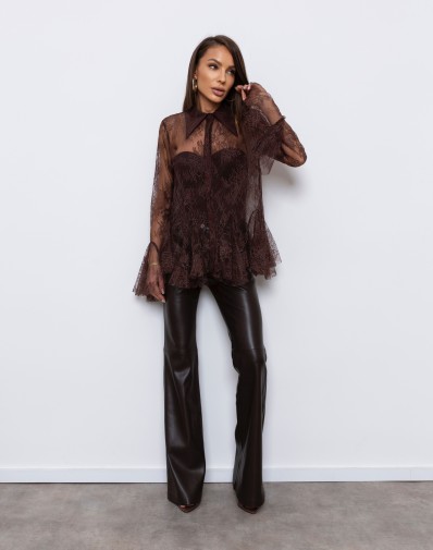 Koronkowa Koszula z Falbankami Brąz