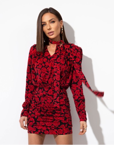 Sukienka Ambrell Marszczona W Róże z Szarfą