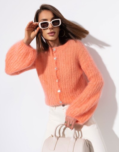 Sweter prążkowany z szerokimi rękawami Moher Zapinany Pomarańczowy