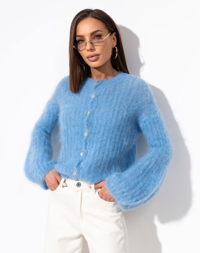 Sweter prążkowany z szerokimi rękawami Moher Zapinany Błękitny