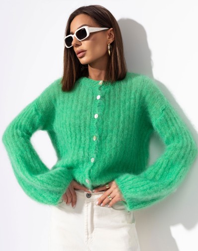 Sweter prążkowany z szerokimi rękawami Moher Zapinany Zielony