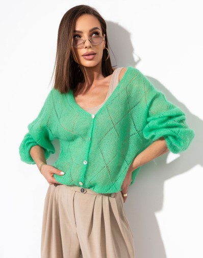 Sweter Ażurowy Zapinany w serek Kid Moher Zielony