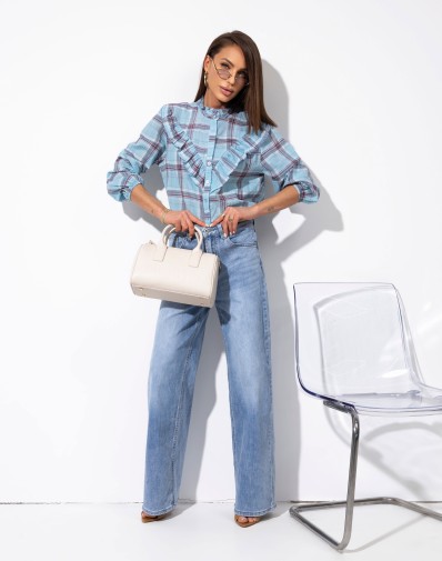 Bawełniana Koszula w Kratę z Falbanką Niebieska