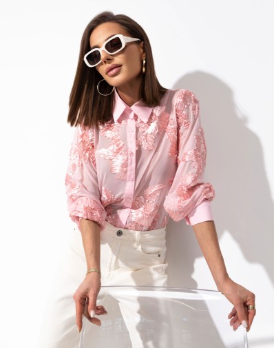 Transparentna Koszula z naszytymi Kwiatami Róż