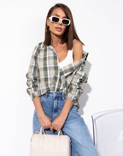 Koszula Aisha w Kratę Khaki