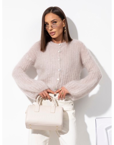 Sweter prążkowany z szerokimi rękawami Moher Zapinany Jasny beż