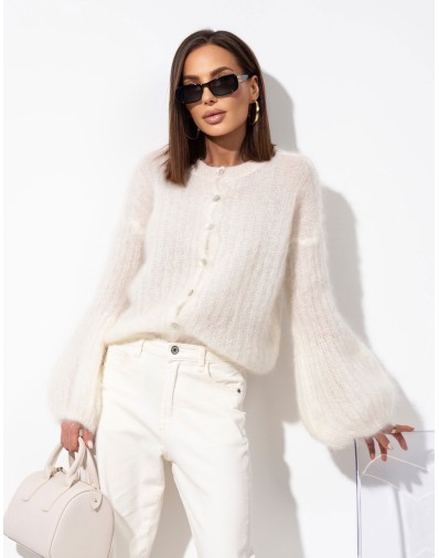 Sweter prążkowany z szerokimi rękawami Moher Zapinany Śmietankowy
