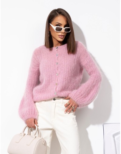 Sweter prążkowany z szerokimi rękawami Moher Zapinany Różowy