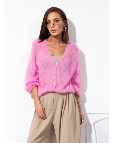 Sweter Ażurowy Zapinany w serek Kid Moher Róż