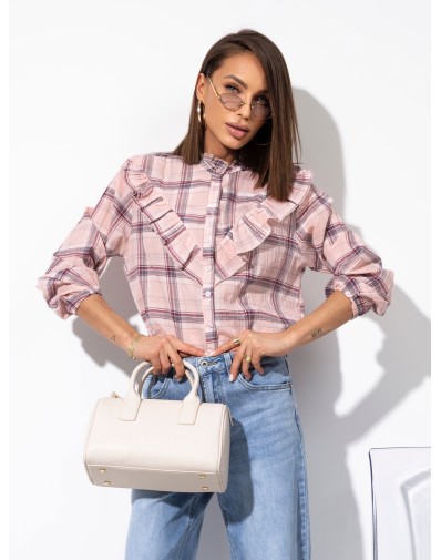 Bawełniana Koszula w Kratę z Falbanką Różowa