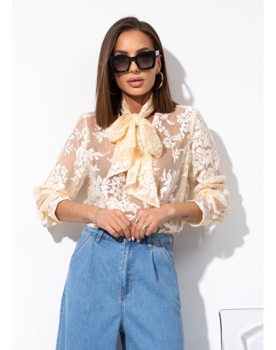 Koszula z Wiązaniem Transparenta w Kwiaty Ecru