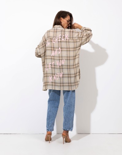 Bawełniana Koszula w Kratę z Nadrukiem Beż