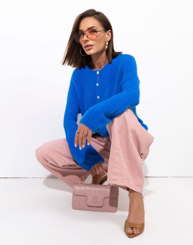 Sweter prążkowany z szerokimi rękawami Alpaka Zapinany Chabrowy