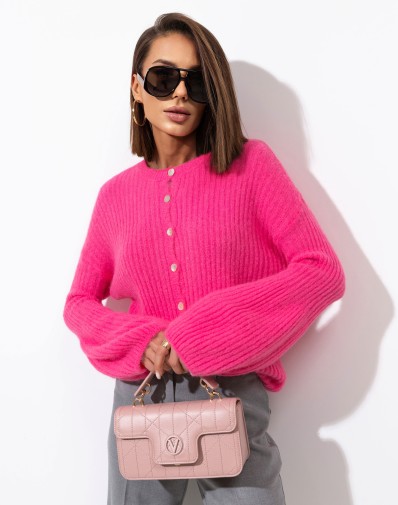 Sweter prążkowany z szerokimi rękawami Alpaka Zapinany Róż