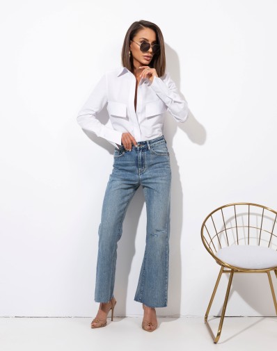 Spodnie Jeansowe z Lekko Rozszerzaną Nogawką z Przetarciami