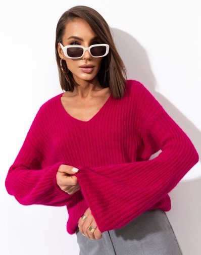 Sweter prążkowany z szerokimi rękawami Alpaka w serek Fuksja GAT II