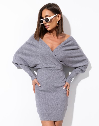 Sukienka Sweterkowa Alexa z Kopertowym Dekoltem Szara