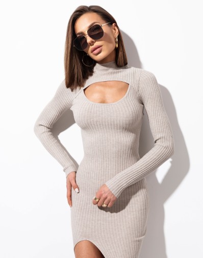 Sukienka Ilda Sweterkowa Midi z Wycięciem Beż