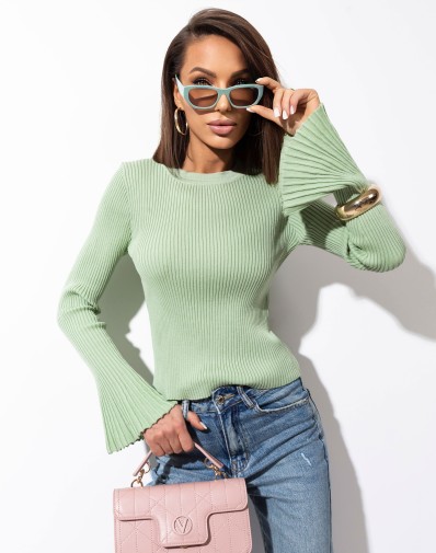 Bluzka Fabia Prążkowana z Szerokimi Rękawami Pistacjowa