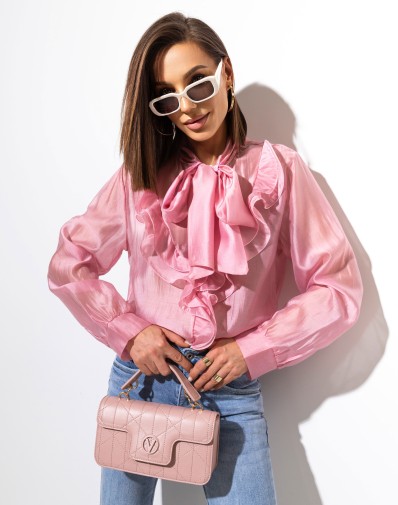 Koszula z Falbanką Wiązana Pudrowy Róż 0034