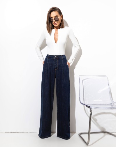 Spodnie z Szeroką Nogawką z Zakładkami Ciemny Jeans 5341