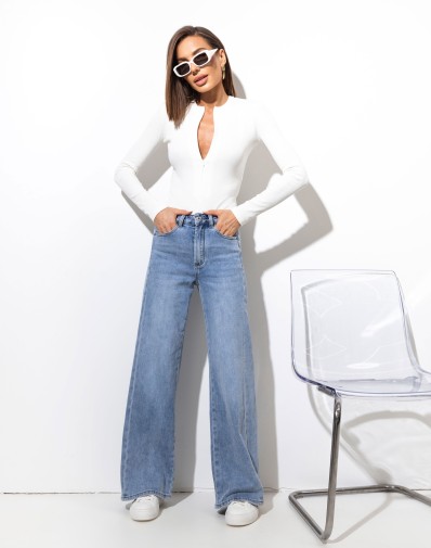 Spodnie Jenasowe z Szeroką Nogawką Błękitne z Lampasem O175018-06