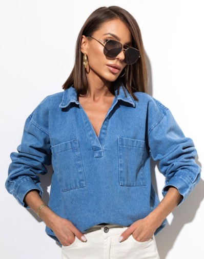 Bawełniana Koszula Jeansowa W Serek 81230