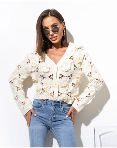 Sweterek Ażurowy z Kwiatami 3D ECRU 48016