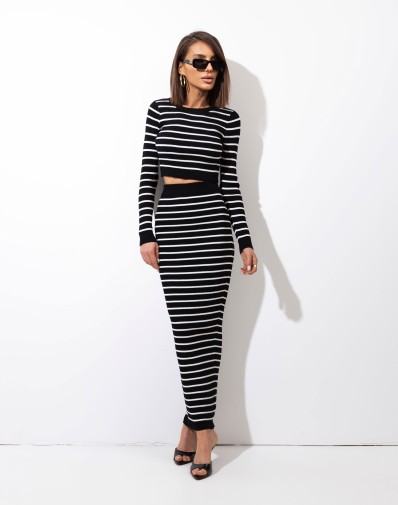 Komplet w Paski Spódnica Maxi+Bluzka Czarno-Biały 93308