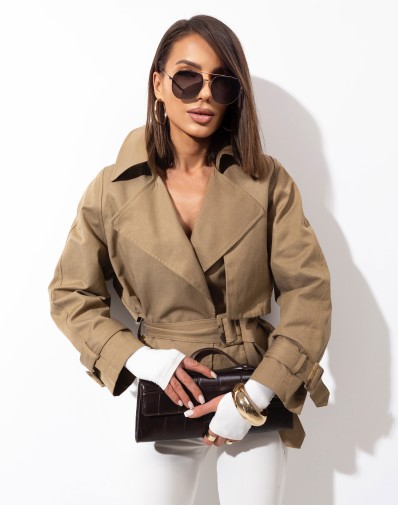 Płaszcz Krótki Beżowy Luźny Krój B9367