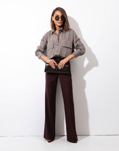 Koszula w Paski Z Kieszonkami Brąz CBCM5405