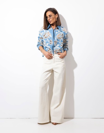 Koszula z Tkaniny Jeansowej z Haftowanymi Kwiatami Y2130