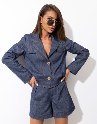 Kurtka z Tkaniny Jeansowej z Ozdobnymi Guzikami SCGB47-06