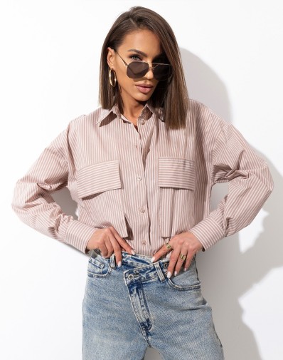 Koszula w Paski Z Kieszonkami Camel CBCM5405