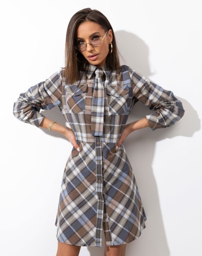 Sukienka W Kratę z Krawatem 5329