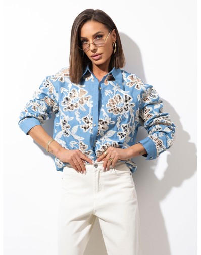 Koszula z Tkaniny Jeansowej z Haftowanymi Kwiatami Y2130