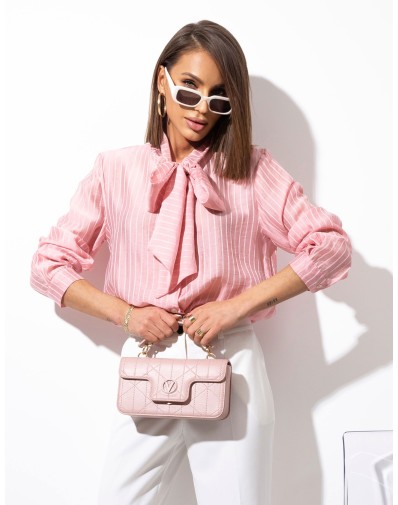 Koszula w Paski z Szarfą Pudrowy Róż 93062