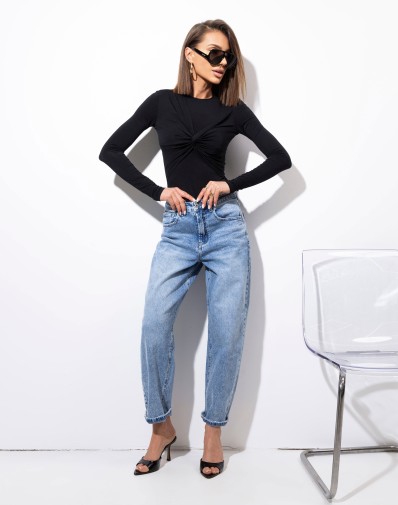 Bawłeniane Jeansy Mom Niebieskie z Zakładką z Tyłu