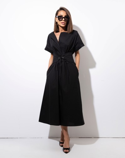 Bawełniana Sukienka Midi z Wiązaniem w Pasie 9372