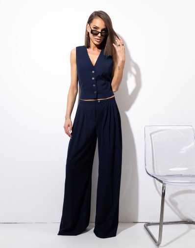 Szerokie Spodnie Madison z Zakładkami Granatowe
