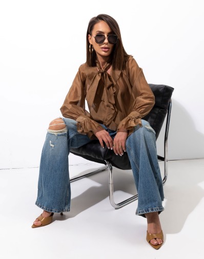 Koszula Rosa z Falbanką Wiązana Brąz 1121-06